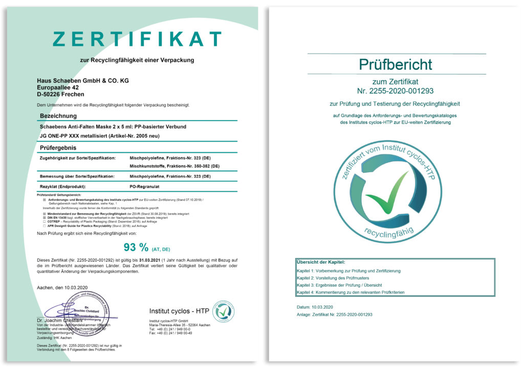 Zertifikat Recyclingfähigkeit und Prüfbericht 